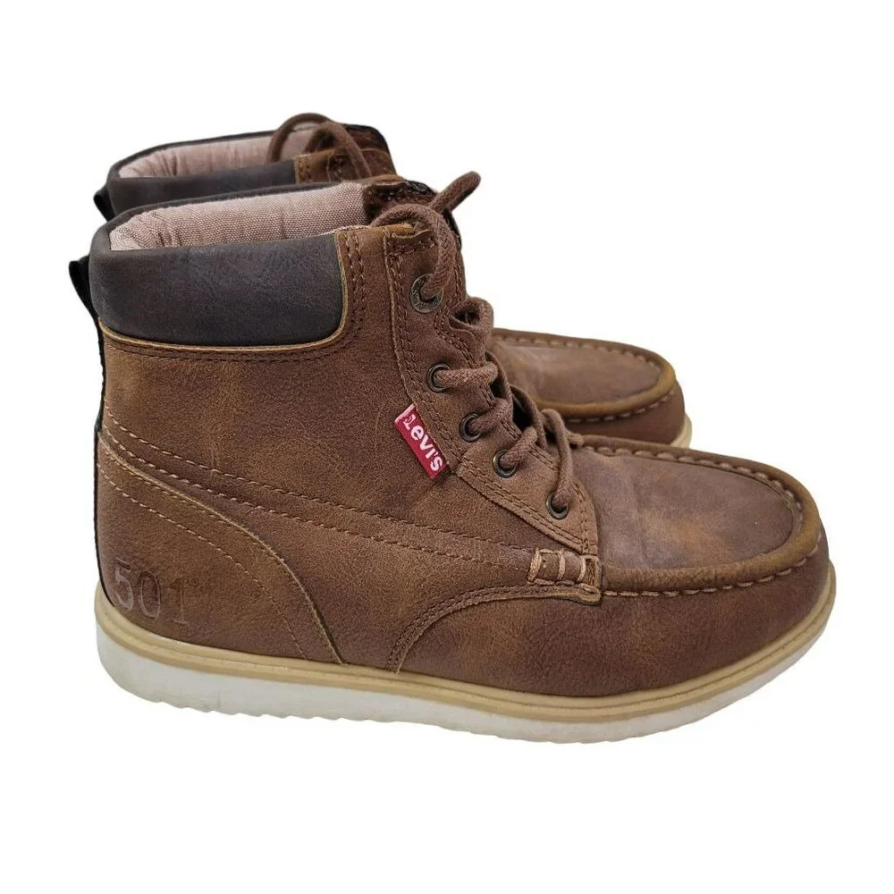 Levis Kids Brown Faux Leather High-Top Boots US 2 EUR 34 UK 1.5 With Synthetic U